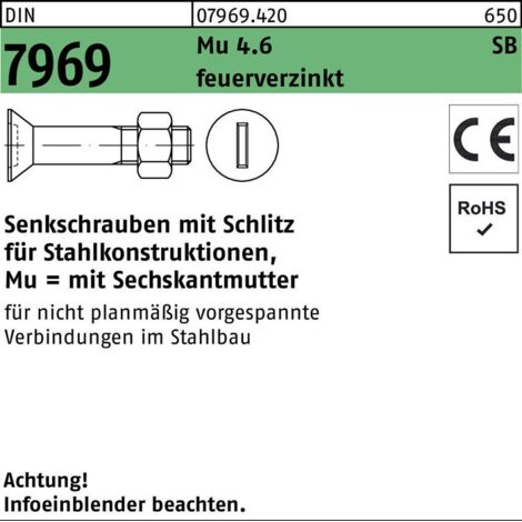 DIN 7969 Senkkopfschraube M16x50 Stahl 4.6 feuerverzinkt Schlitz m. Mutter 50 Stk
