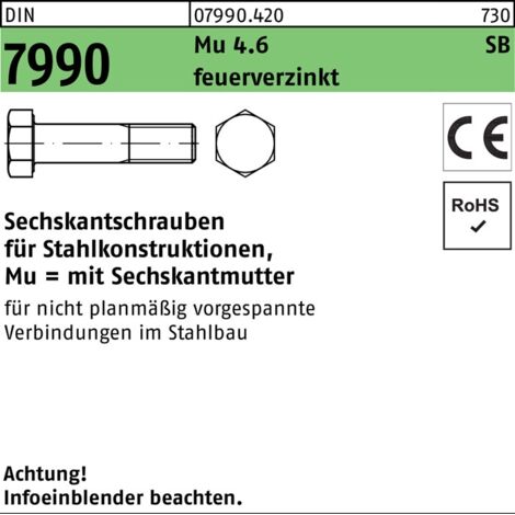 DIN 7990 Sechskant-Schaftschraube M16x70 Stahl 4.6 feuerverzinkt m. Mutter 25 Stk