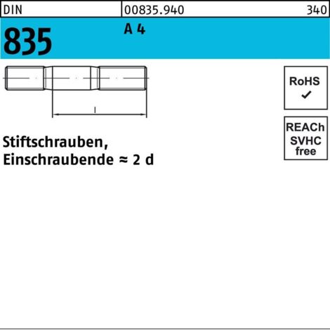 DIN 835 Stiftschraube M16x40 Edelstahl A4 blank 10 Stk