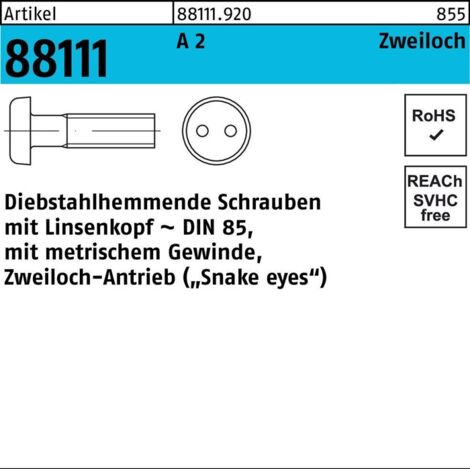 DIN 85 Diebstahlhemmende Linsenkopfschraube M3x12 Edelstahl A2 blank Zweiloch 100 Stk