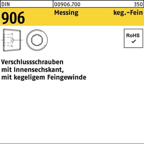 DIN 906 Verschlussschraube Kegeliges Feingewinde VG M16 Messing blank Innensechskant 25 Stk