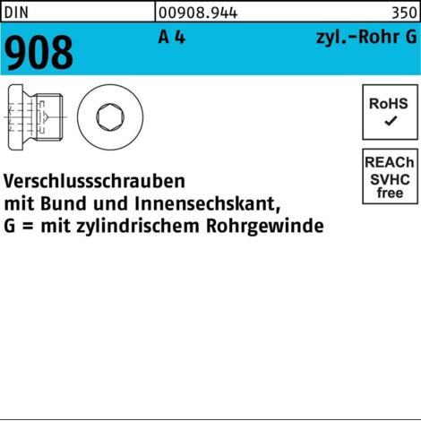 DIN 908 Verschlussschraube VG 1 1/4" Edelstahl A4 blank Innensechskant mit Bund