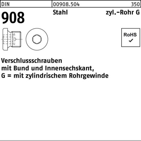 DIN 908 Verschlussschraube VG 1 1/8" Stahl 5.8 blank Innensechskant mit Bund 10 Stk