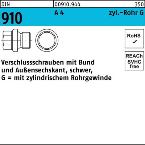 DIN 910 Verschlussschraube VG 1/8" Edelstahl A4 blank ASK mit Bund 10 Stk