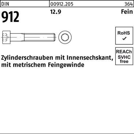 DIN 912/ISO 12474 Zylinderkopf-Schaftschraube Feingewinde M16x120 Stahl 12.9 blank Innensechskant 25 Stk