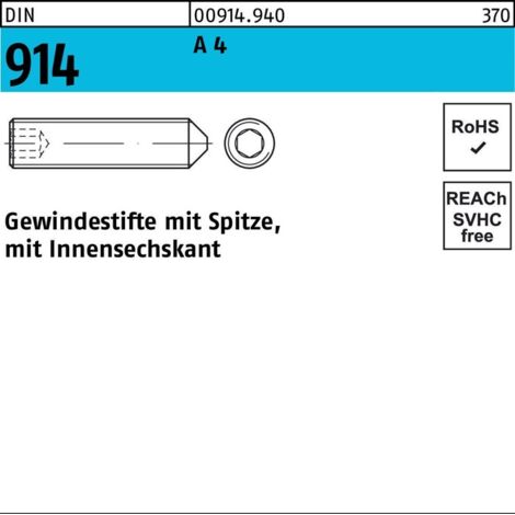 DIN 914/ISO 4027 Gewindestift VG M16x40 Edelstahl A4 blank ISK m. Spitze 10 Stk