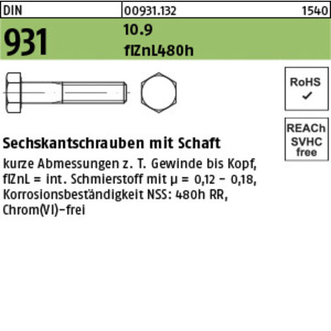 DIN 931/ISO 4014 Sechskant-Schaftschraube 10.9 M 16 x 120 flZnL/nc/x/x/480h/C flZn 25 Stk