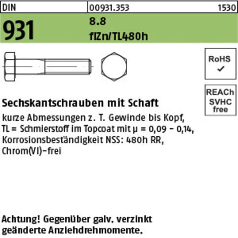 DIN 931/ISO 4014 Sechskant-Schaftschraube M16x90 Stahl 8.8 zinklamellenbeschichtet 25 Stk