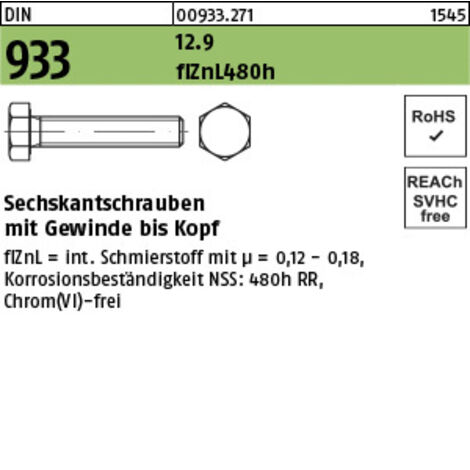 DIN 933 /ISO 4017 12.9 M 8 x 20 flZnL/nc/x/x/480h/C flZn S 200 Stk