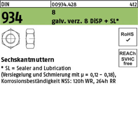 DIN 934 Sechskantmutter 8 M 10 gal Zn 8 DiSP + SL gal ZnDi 500 Stk