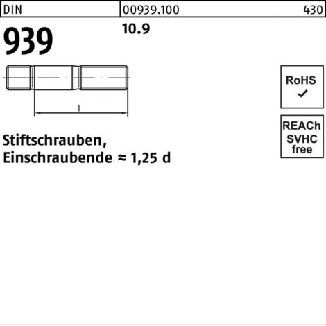 DIN 939 Stiftschraube M16x45 Stahl 10.9 blank 25 Stk