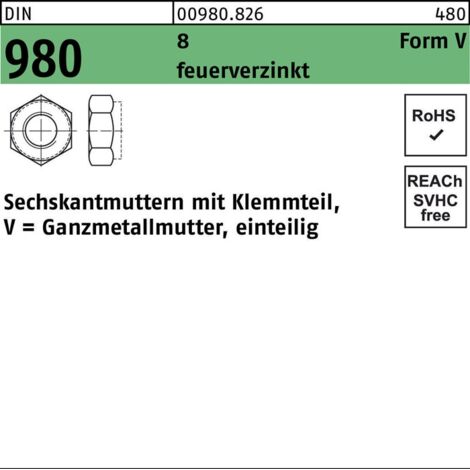 DIN 980 /ISO 7042 8 V M 20 feuerverzinkt Gew.-toleranz 6H tZn S 50 Stk