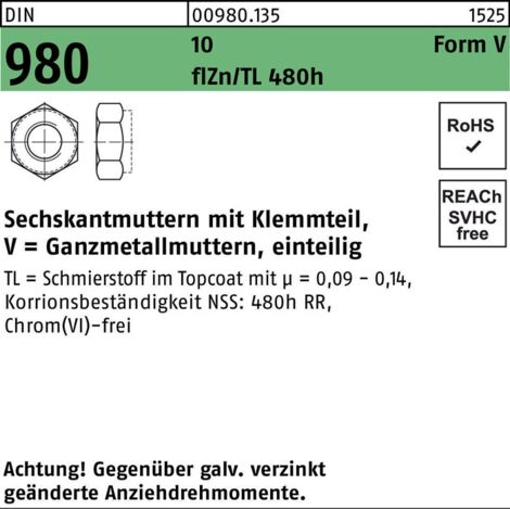 DIN 980/ISO 7086, 10513 Selbstsichernde Sechskantmutter M 16 x 2 Stahl zinklamellenbeschichtet 50 Stk