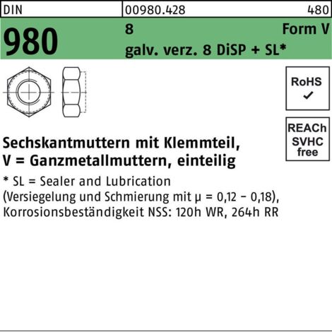 DIN 980 Selbstsichernde Sechskantmutter 8 V M 6 gal Zn 8 DiSP + SL gal ZnDi 1000 Stk