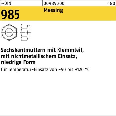 DIN 985/ISO 10511 Selbstsichernde Sechskantmutter M 6 x 1 Messing blank 100 Stk