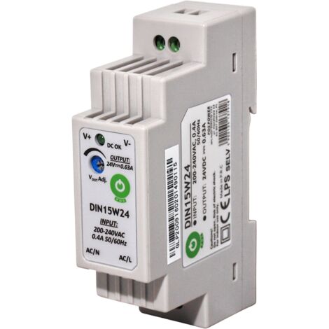 DIN15W15 : Alimentation sur rail DIN 15 V/1 A, boîtier plastique, type à gradins