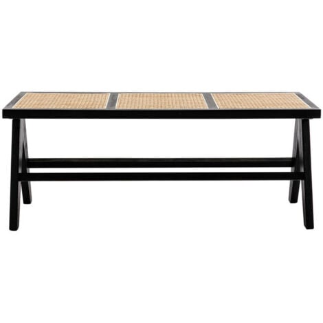 WAHSON OFFICE CHAIRS Dining Bench in Rattan Wood Rustic Ottoman Bench Seat Bench Footstool for Kitchen Living Room Entryway, Black, Wahson