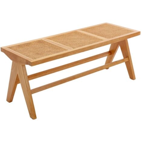 Dining Bench in Rattan Wood Rustic Ottoman Bench Seat Bench Footstool for Kitchen Living Room Entryway, Natural Wood, Wahson