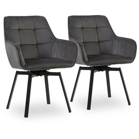 Dining Chair 2X Velvet Padded Seat 360°Swivel Armchair with Backrest and Metal Legs, Grey