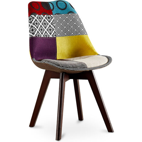Dining Chair Denisse Upholstered Scandi Design Dark Wooden Legs Premium New Edition - Patchwork Ray Multicolour Beechwood, PP, Linen - Multicolour