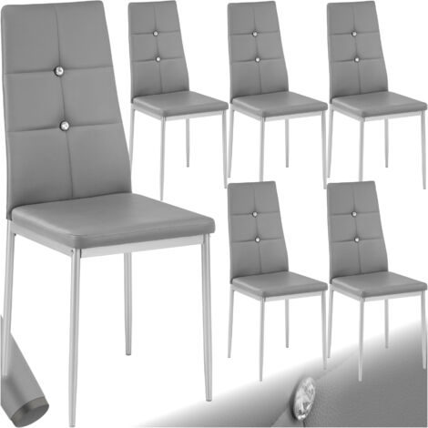 Dining Chair Set - high backrest, slim steel legs & rhinestone highlights - dining room chairs, kitchen chairs, dining table chairs - grey Set of 6