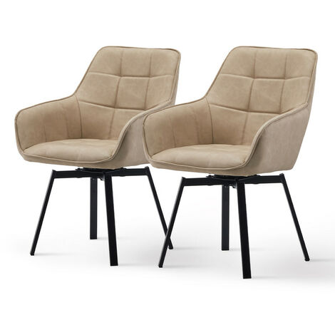 Dining Chairs 2X Faux Leather Thick Padded 360°Swivel Armchair with Backrest and Metal Legs, Beige
