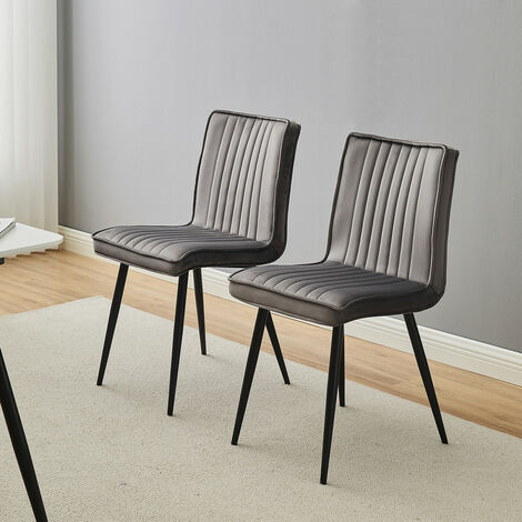 Dining Chairs 2x Velvet Kitchen Dining Chairs Upholstered Seat with Black Metal Legs Grey
