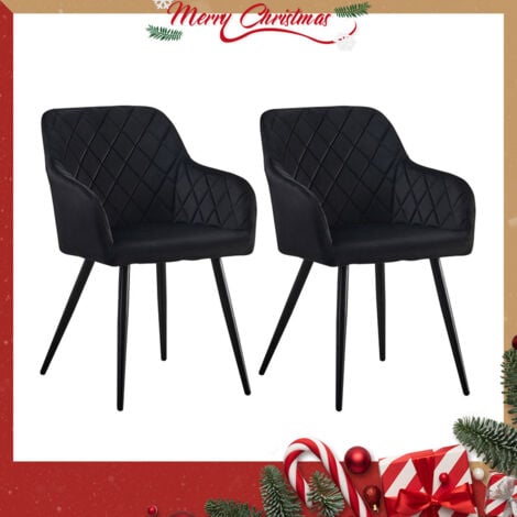 CLIPOP Dining Chairs,2x Velvet Upholstered Seat Kitchen Chairs with Armrests, Black