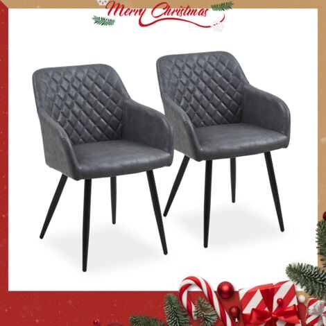 CLIPOP Dining Chairs,2x Faux Leather Kitchen Chairs Upholstered Seat with Backrest and Armrest, Dark Grey