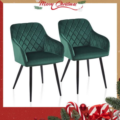 Dining Chairs,2x Velvet Upholstered Seat Kitchen Chairs with Armrests, Green