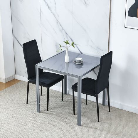 Dining Room Set, Grey Glass Dining Table with Chairs, 75x75 cm Square Glass Table and Chairs for Small Room (Table with 2 Chairs, Black Flannel)