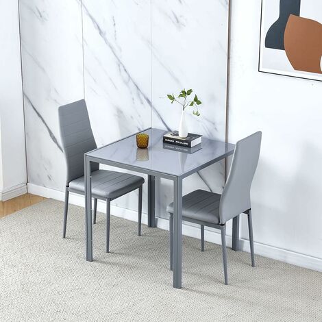 Dining Room Set, Grey Glass Dining Table with Chairs, 75x75 cm Square Glass Table and Chairs for Small Room (Table with 2 Chairs, Grey Faux Leather)