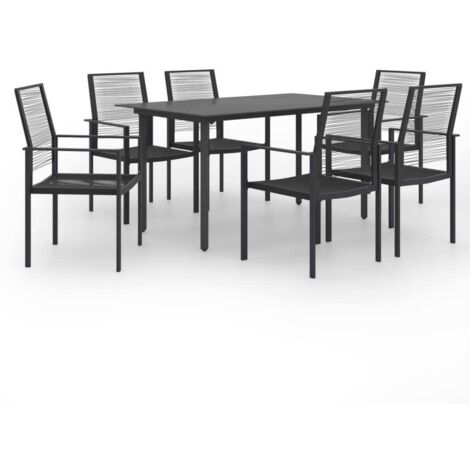Dining Set  Black  Glass, Powder-Coated Steel, PVC Rattan  7-piece set vidaXL