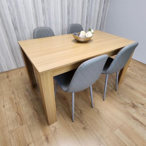 Dining Set of 4 Oak Effect Dining Table and 4 Grey Gem Patterned Stitiched Chairs
