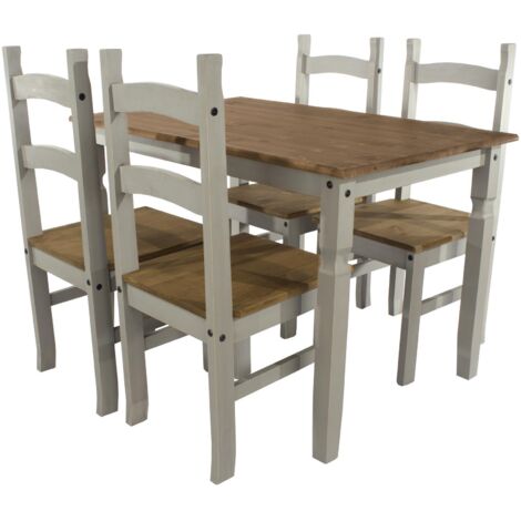 Dining Set With Grey Solid Waxed Pine Large Rectangular Table & 4 Dining Chairs