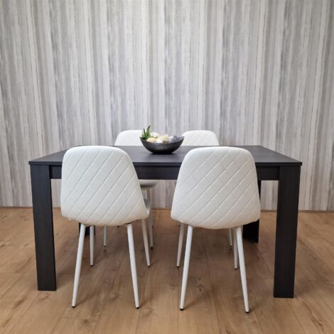 Dining Table and 4 Chairs  Black Dark Grey 4 White Leather Chairs Wood Dining Set Furniture