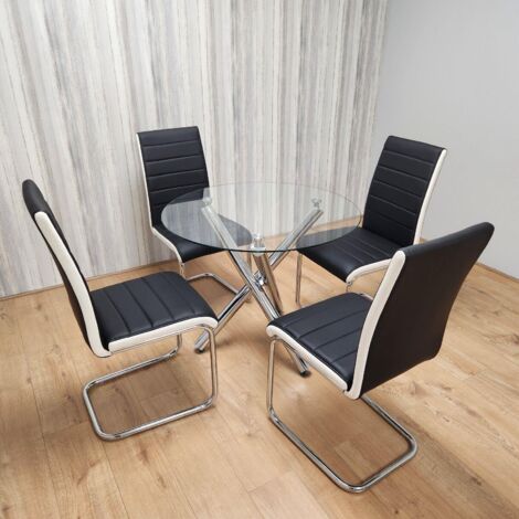 Dining Table and 4 Chairs Clear Glass Round Chrome Legs Table 4 Black WhiteLeather Chairs Dining Room