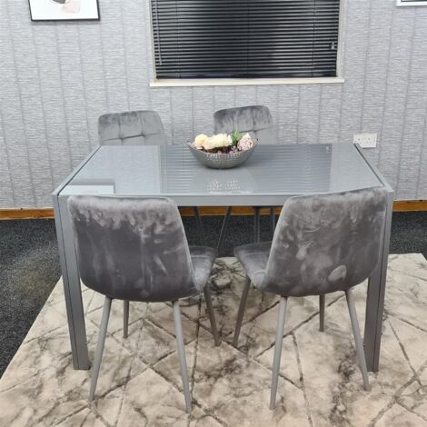 Dining Table and 4 Chairs Grey  Glass 4 Velvet Chairs  Dining Room Furniture
