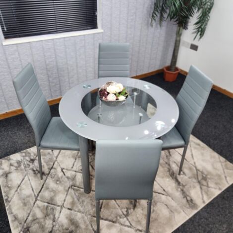 Modern Round Glass Dining Table Set With 4 Cream Plastic Chairs Dining ...