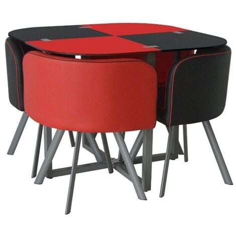 Dining Table and 4 Chairs Space Saver Glass Red  and Black Square Table 4 Leather Chairs Dining Room