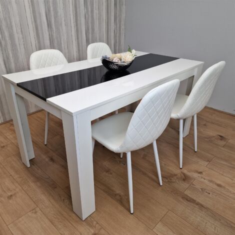 Dining Table and 4 Chairs White Black  Wood 4 Leather White Chairs Dining Room