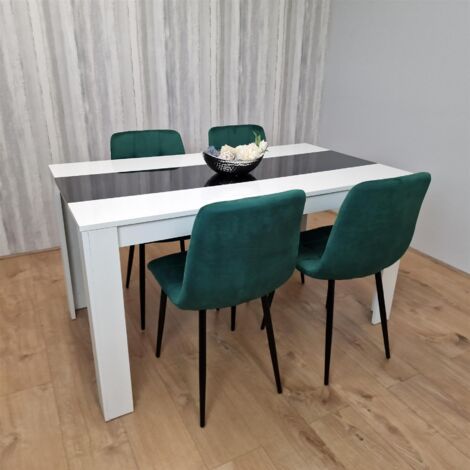 Dining Table and 4 Chairs White Black  Wood 4 Velvet Green Chairs Dining Room
