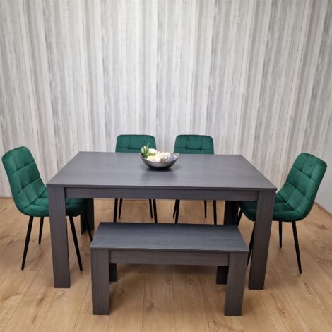 Dining Table and 4 Chairs With Bench Black Dark Grey 4 Velvet Green Chairs Wooden Bench Wood Dining Set Furniture