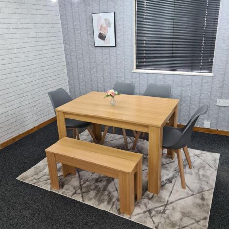 Dining Table and 4 Chairs With Bench Oak Effect Wood 4 Grey Plastic Leather Chairs Dining Room