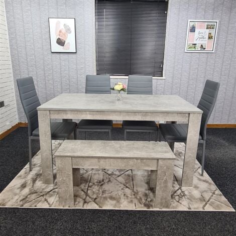 Dining Table and 4 Chairs With Bench Stone Grey Effect Wood Table 4 Grey Leather Chairs Dining Room