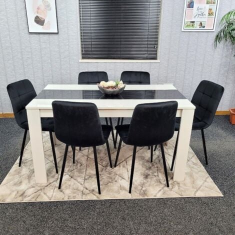 Dining Table and 6 Chairs White Black  Wood 6 Velvet Black Chairs Dining Room