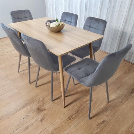 Dining Table and 6 Chairs Wood Effect 6 Grey Velvet Chairs Dining Set