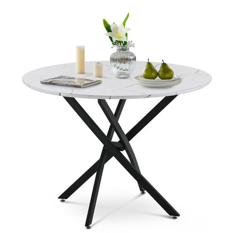Dining Table, Round Kitchen Table, 100x75cm White Marble Effect Dining Table with Black Metal Legs