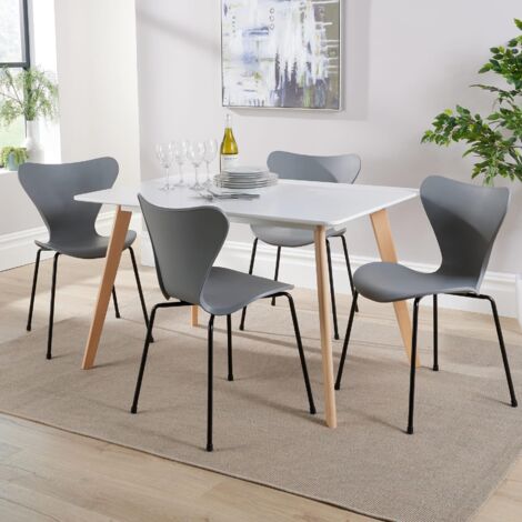 Dining Table Set 120cm White Top Wooden Legs 4 Curved Plastic Metal Grey Chairs