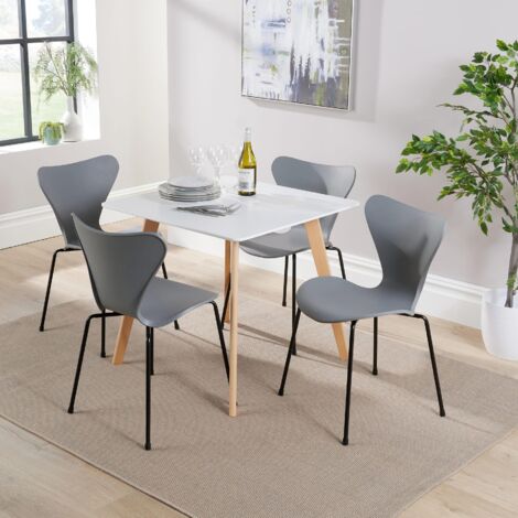 Dining Table Set 80cm White Top Wooden Legs 4 Curved Plastic Grey Metal Chairs
